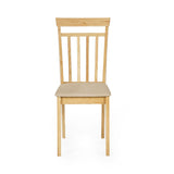 Front view of single wooden dining chair with vertical slats and beige cushioned seat