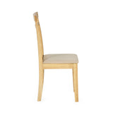 Side view of wooden dining chair showing cushioned beige seat and slatted back