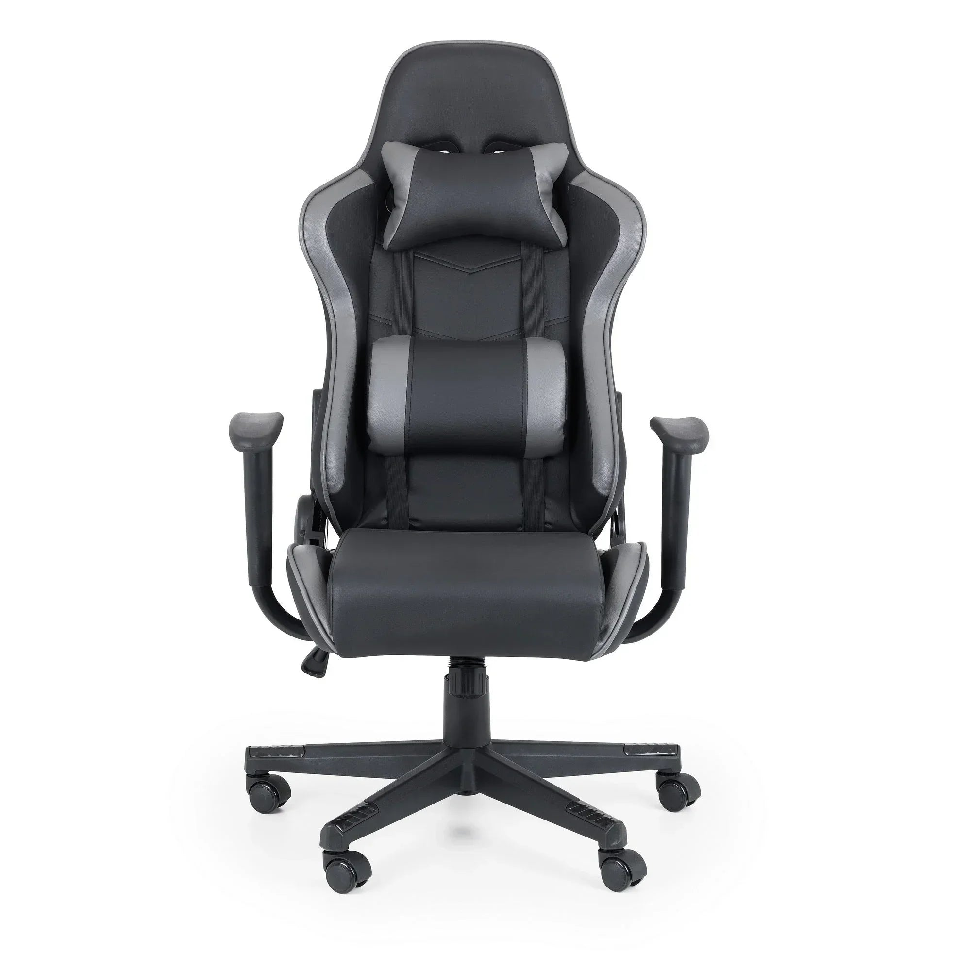 Black and grey gaming chair with adjustable armrests and headrest, front view