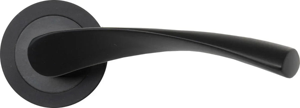 Matte black door handle with curved lever and round base, front view