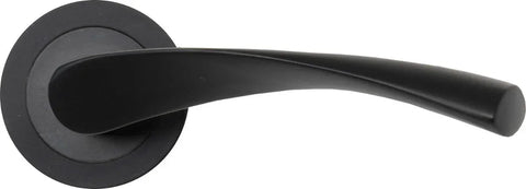 Matte black door handle with curved lever and round base, front view