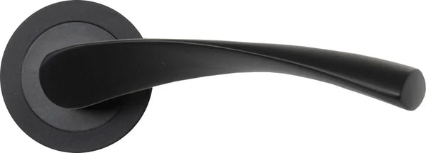 Matte black door handle with curved lever and round base, front view