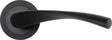 Matte black door handle with curved lever and round base, front view