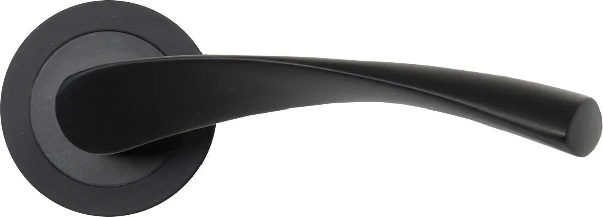 Matte black door handle with curved lever and round base, front view