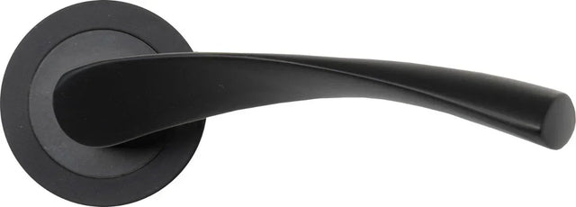 Matte black door handle with curved lever and round base, front view