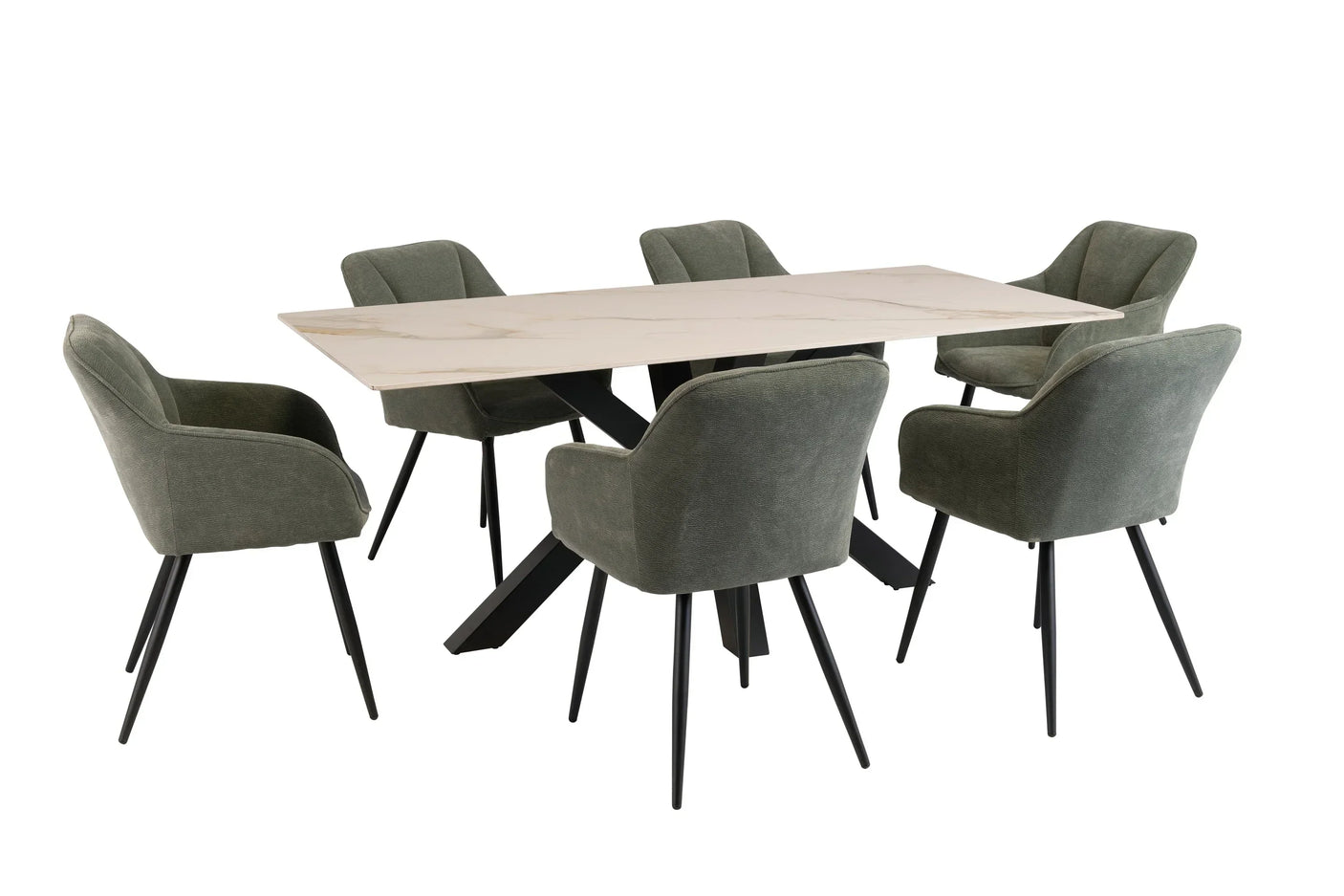 Modern dining table set with marble effect top and six green upholstered chairs