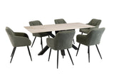 Modern dining table set with marble effect top and six green upholstered chairs