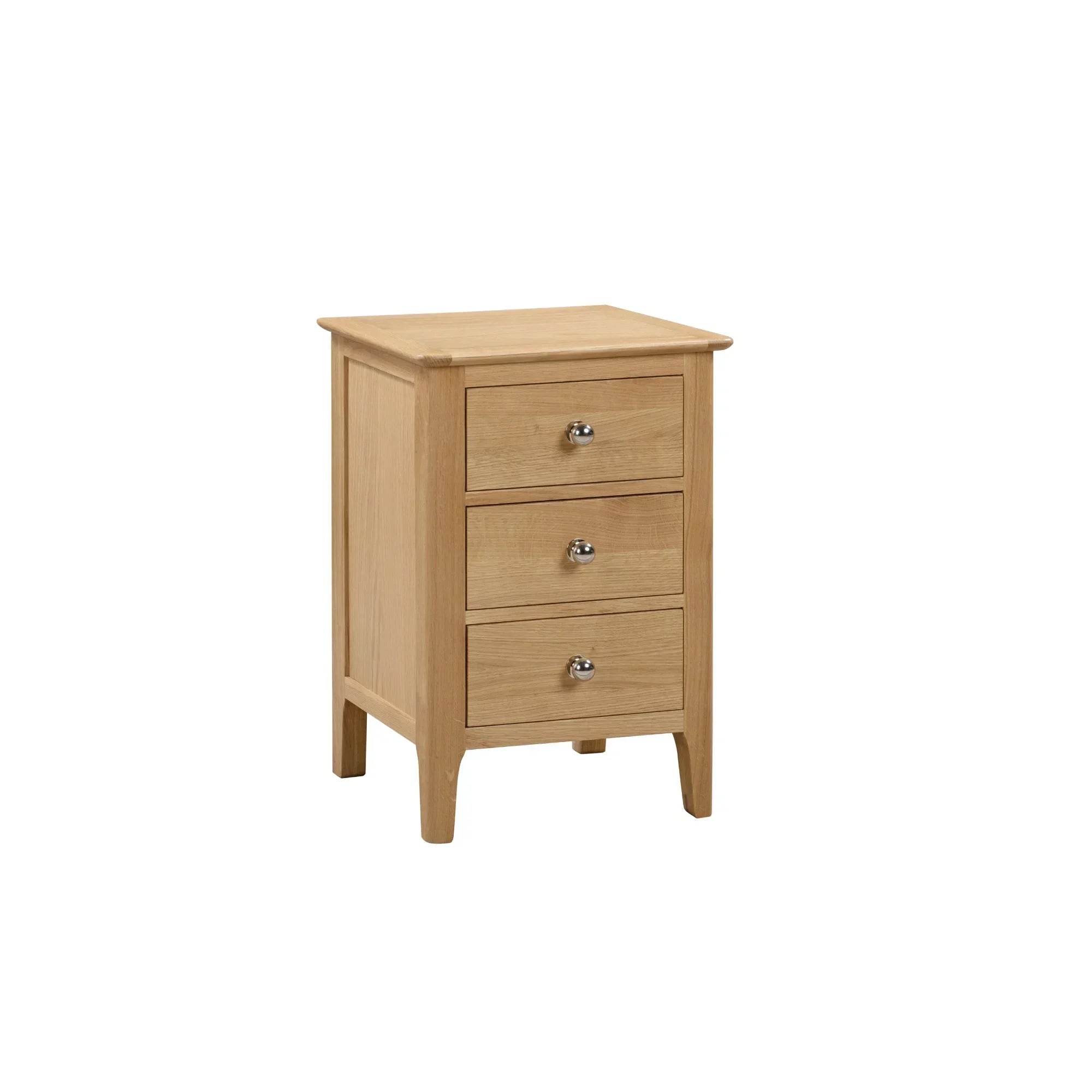 Oak bedside table with three drawers and silver handles, front angle view
