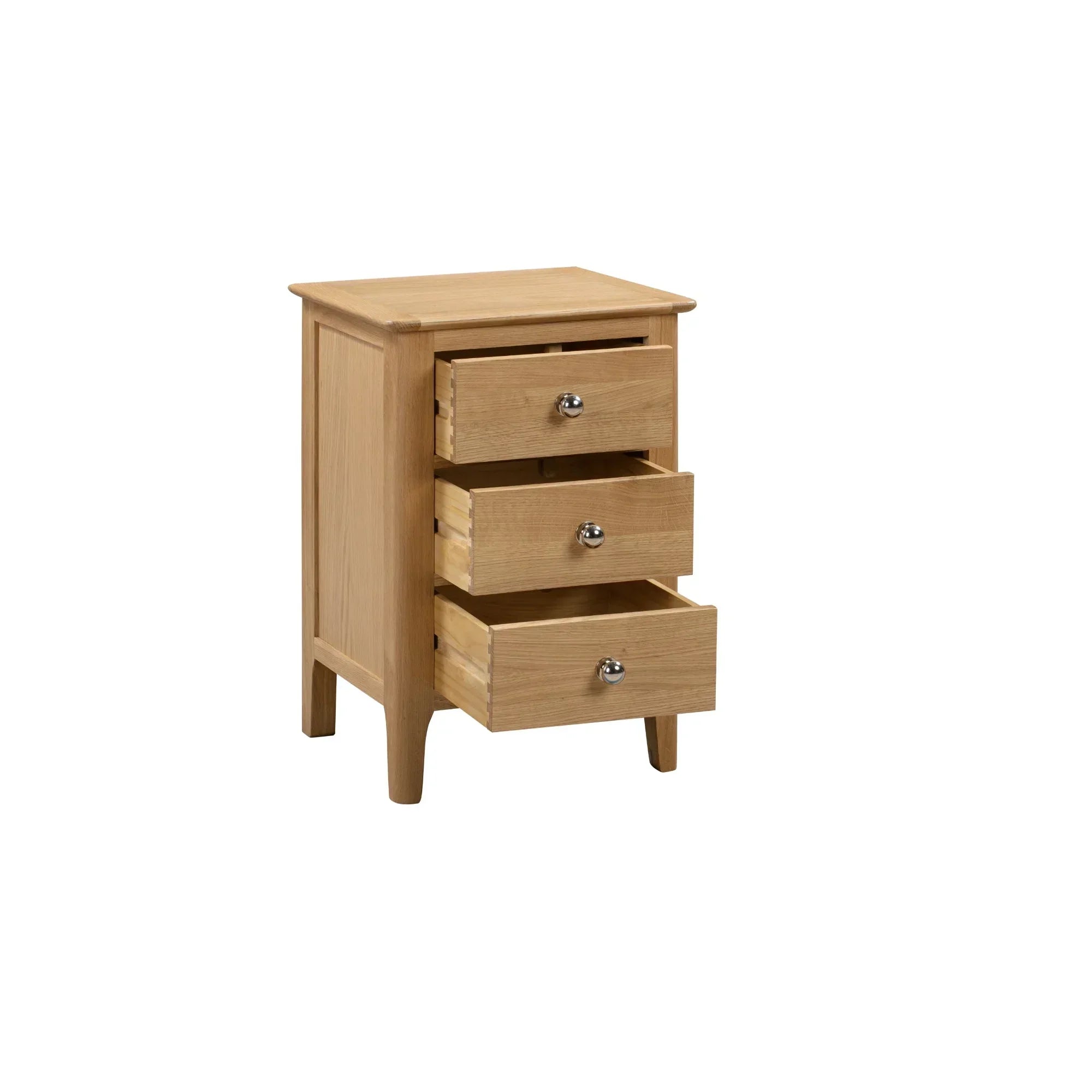 Oak bedside table with three open drawers and metal handles on white background