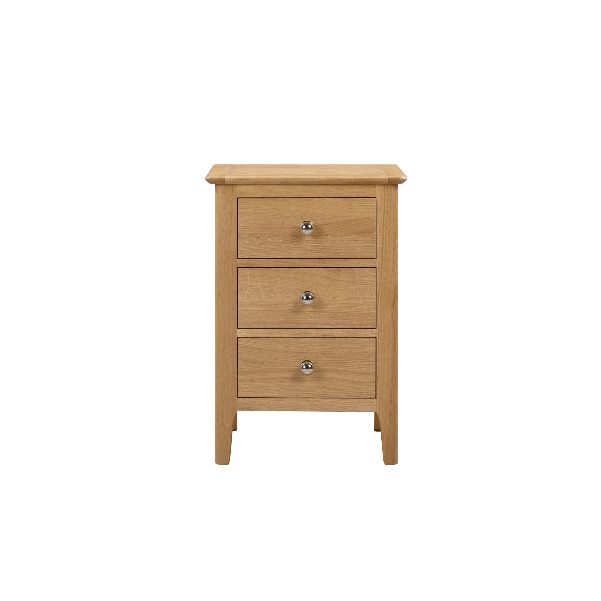 Oak three drawer bedside table with silver handles, front view on white background