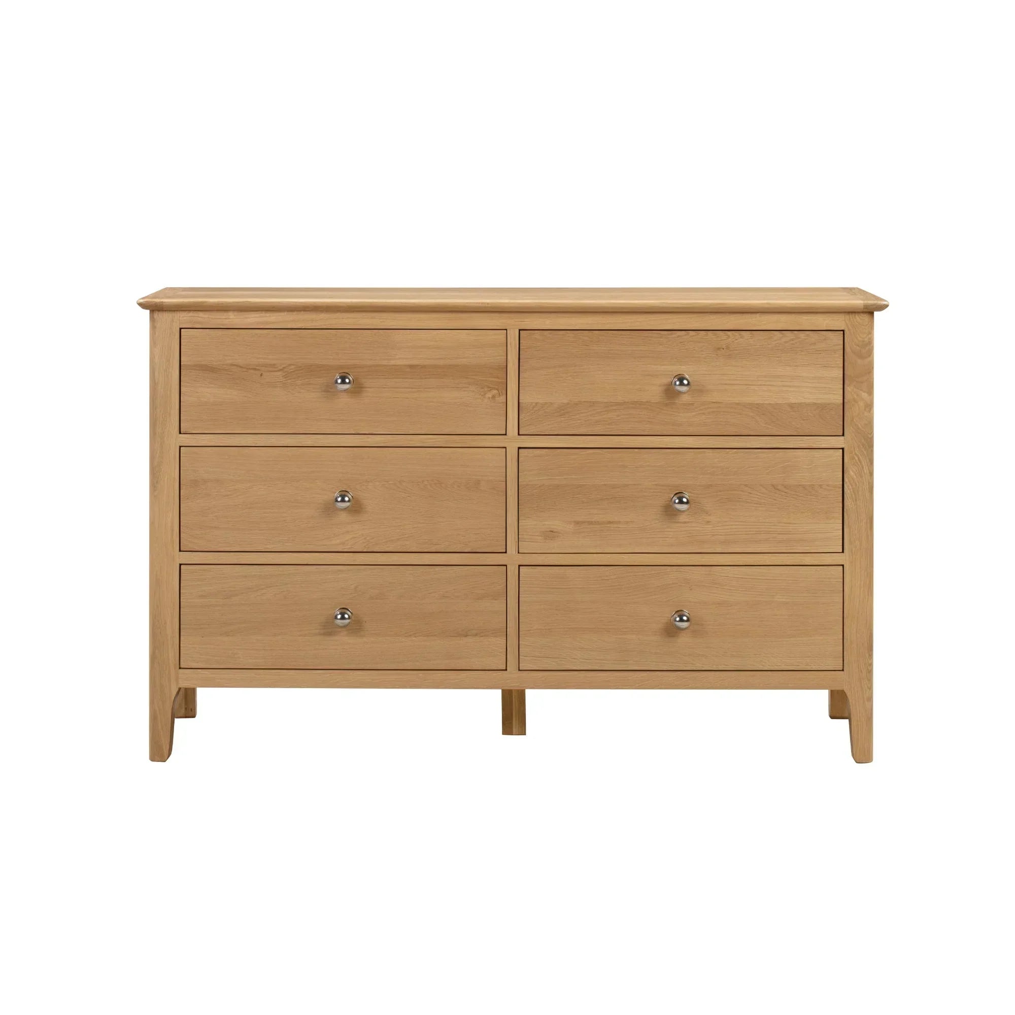 Cotswold 6 drawer wide chest in light oak finish with metal handles, front view