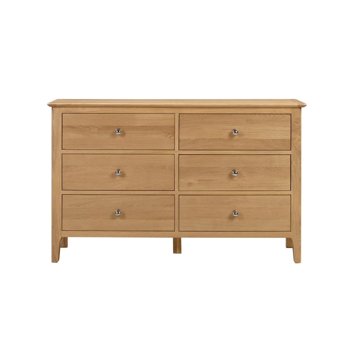 Cotswold 6 drawer wide chest in light oak finish with metal handles, front view
