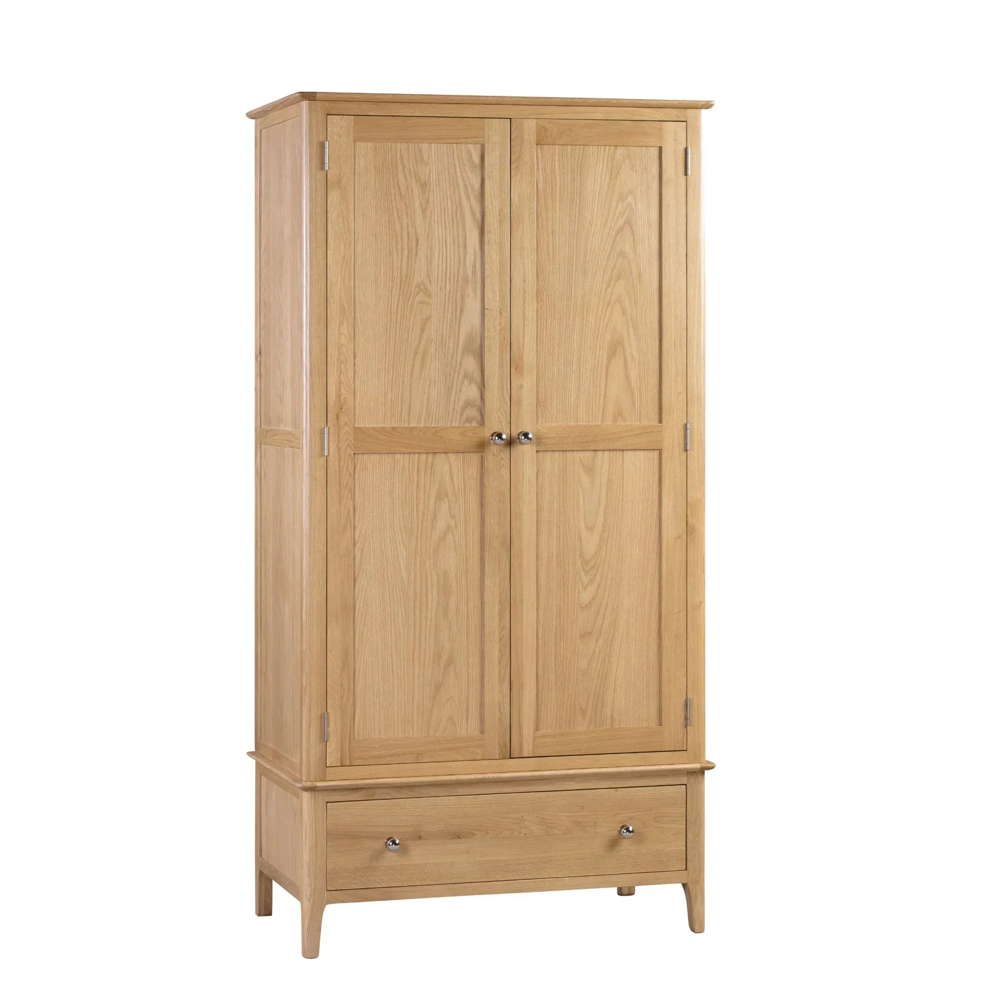Oak wardrobe with two doors and one lower drawer, brushed metal handles, front view