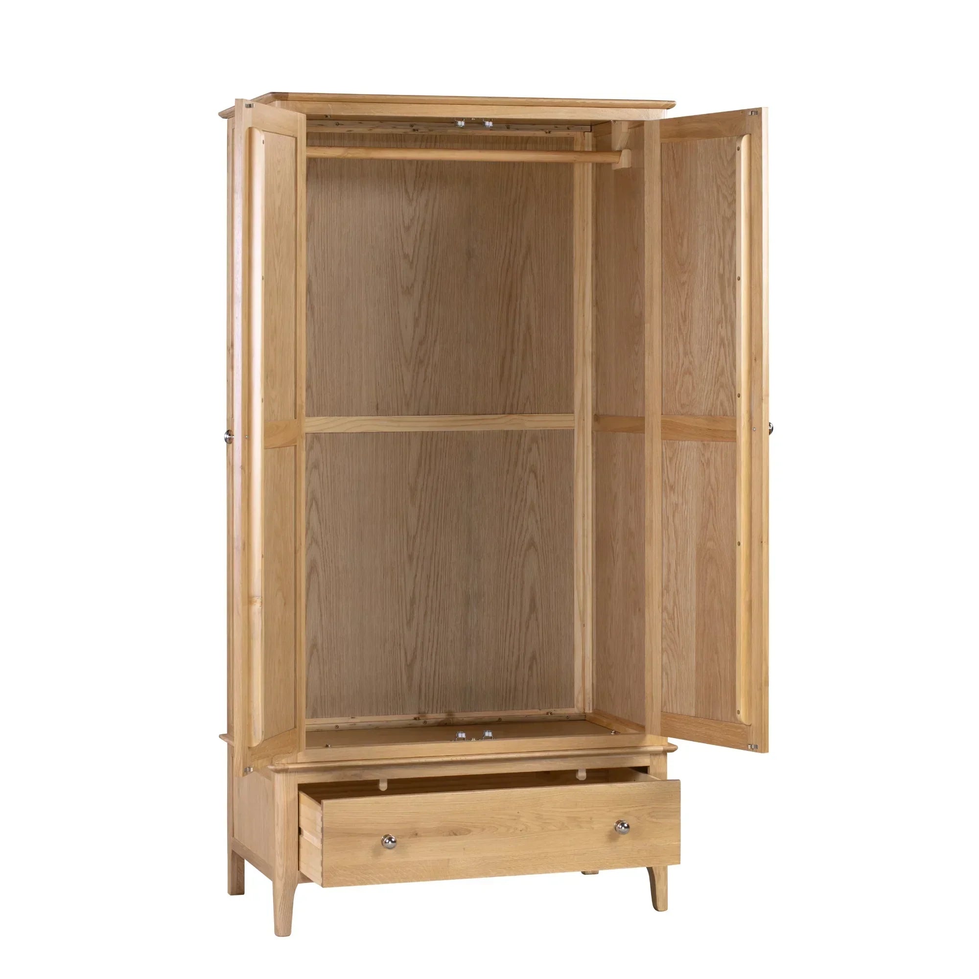 Oak wardrobe with two open doors, hanging rail, and lower drawer for storage