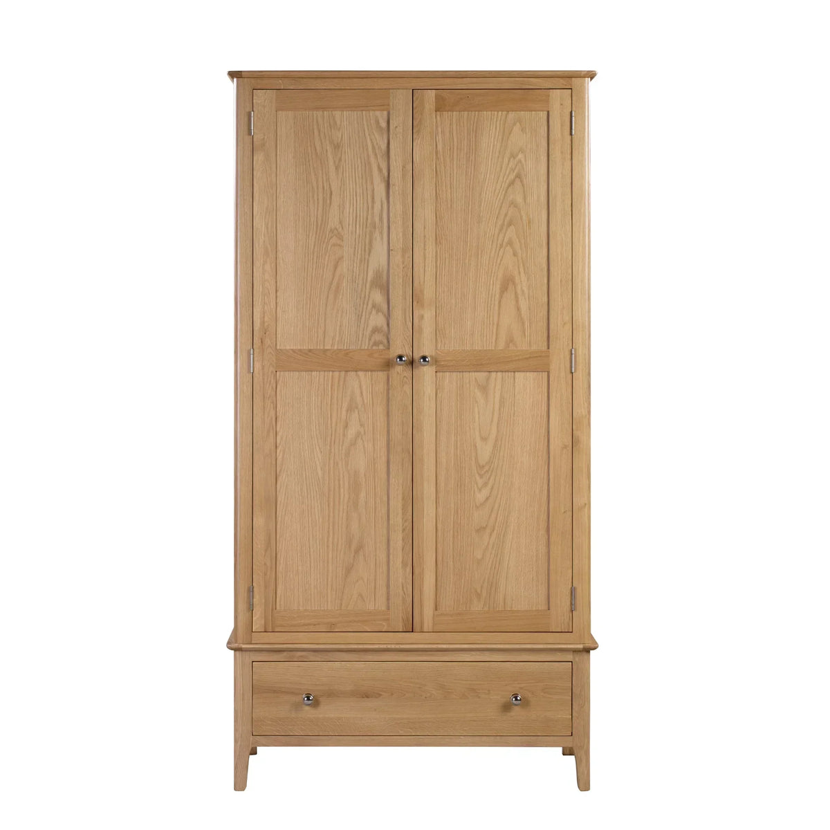 Oak wardrobe with two doors and one lower drawer, front view, natural wood finish