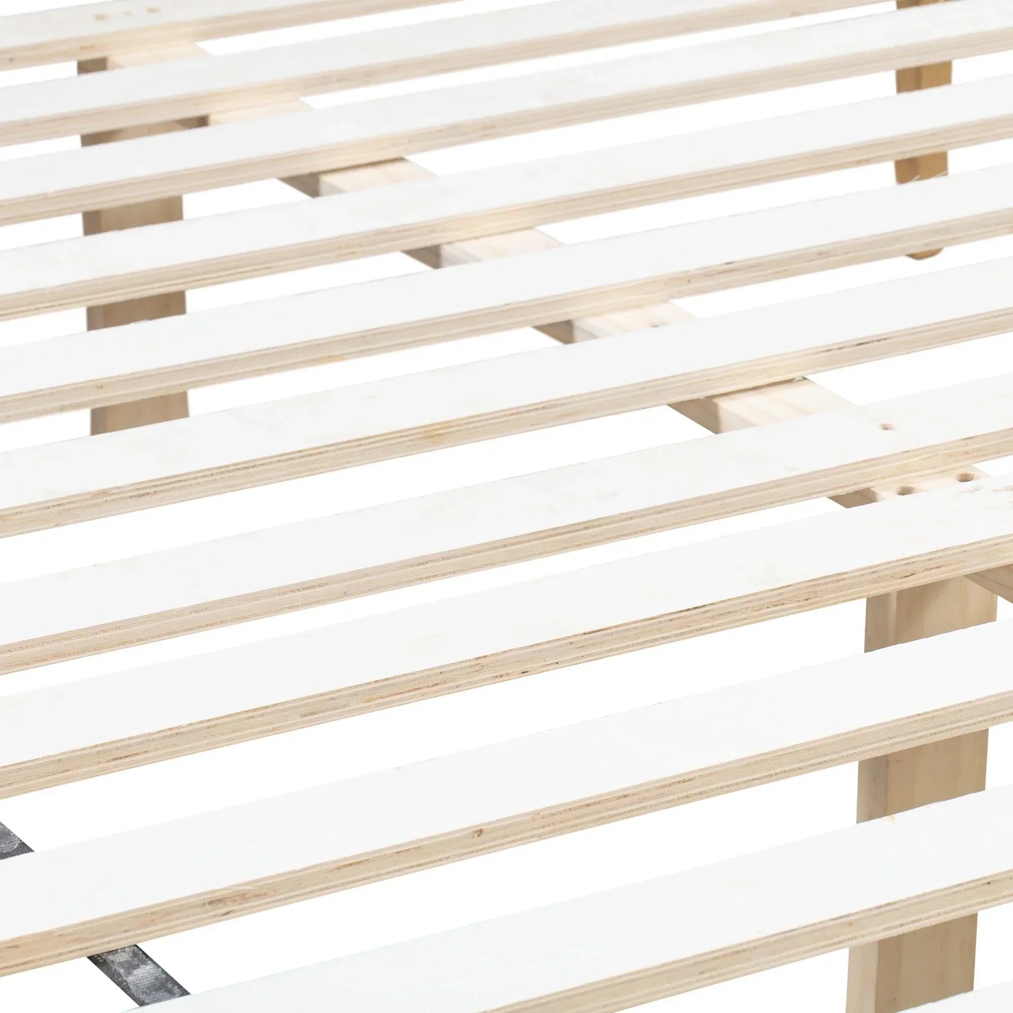 Oak double bed frame slats with natural wood finish, close-up of support base
