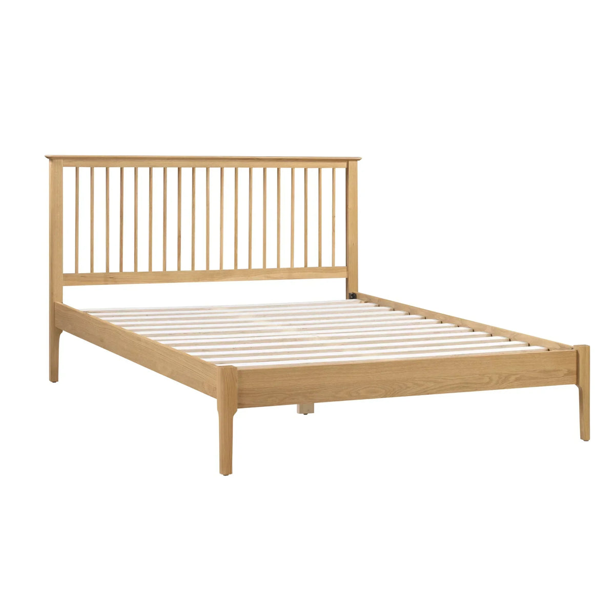 Oak double bed frame with slatted headboard and low foot end, side angle view