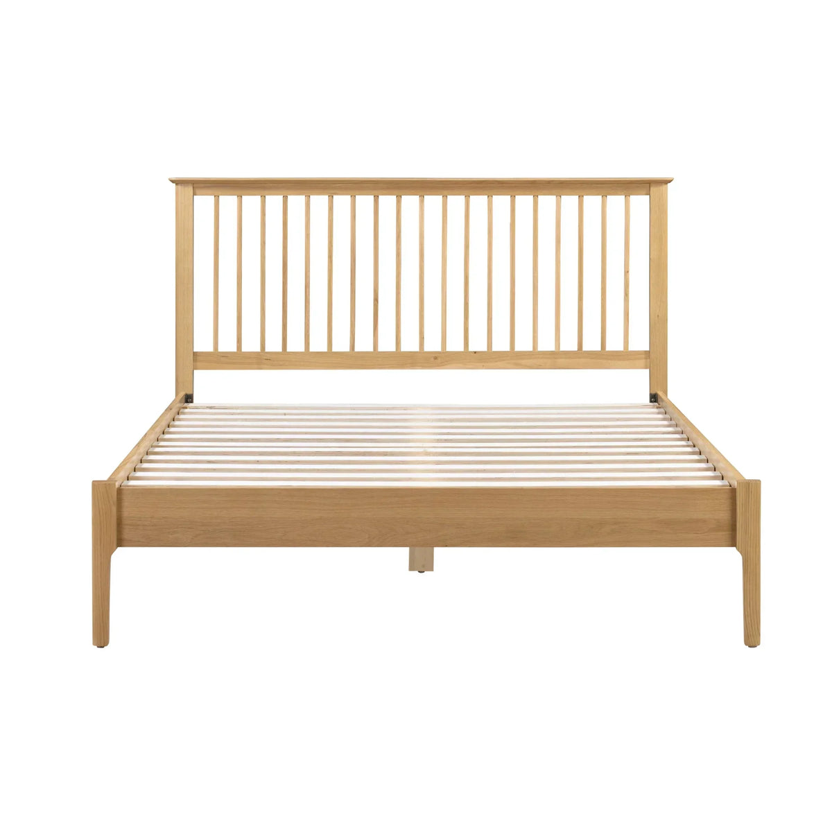 Oak double bed frame with slatted headboard and base, viewed from the front