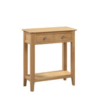 Oak console table with two drawers and lower shelf, front angle view