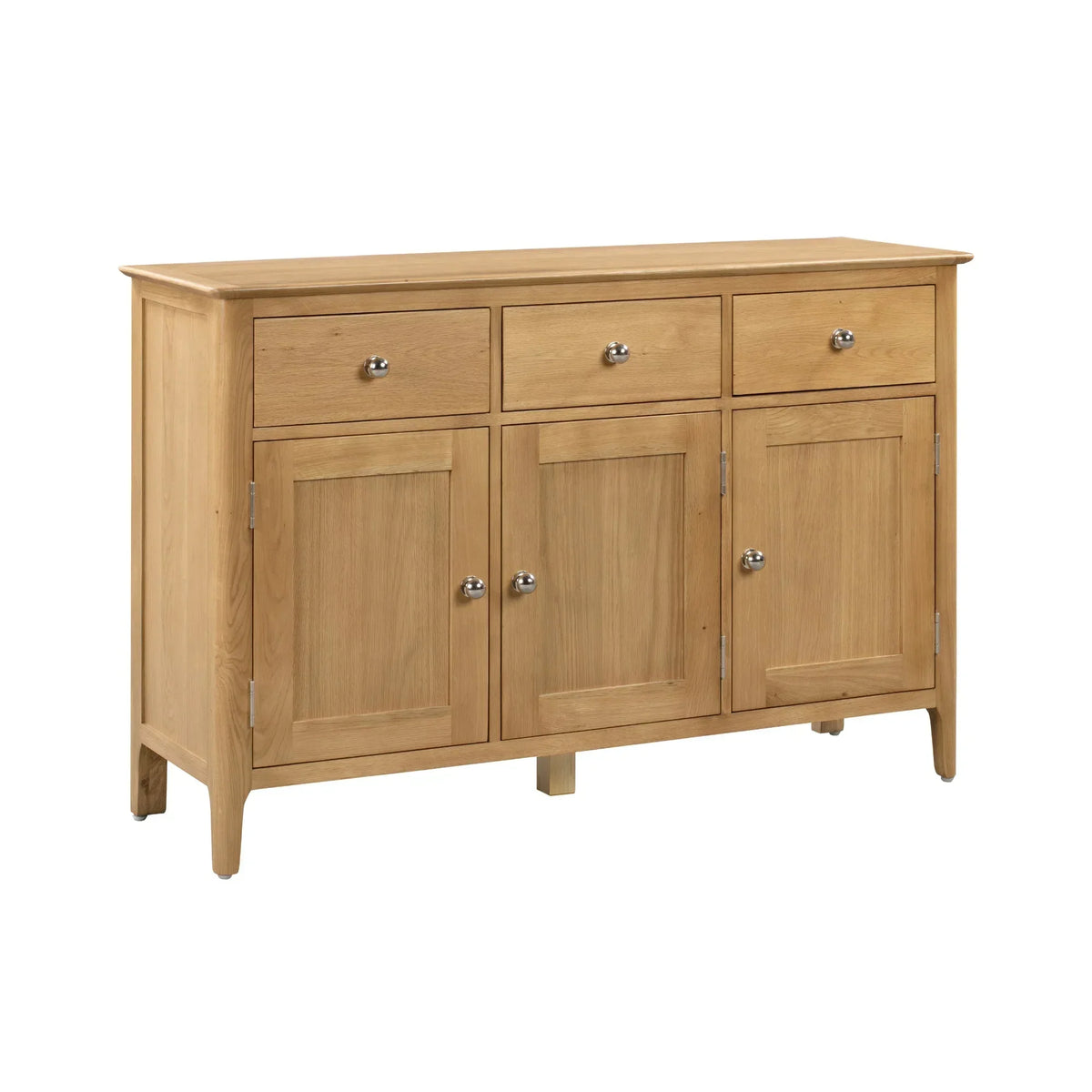 Oak sideboard with three drawers and three cabinet doors, silver handles, cutout view