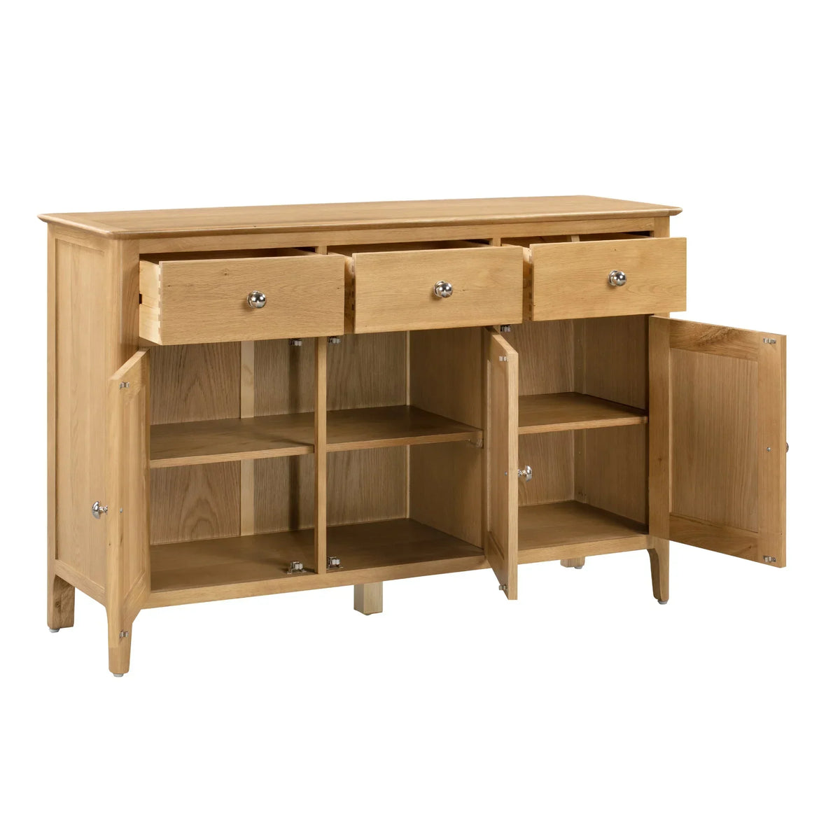 Oak sideboard with three open drawers and six shelf compartments, doors wide open