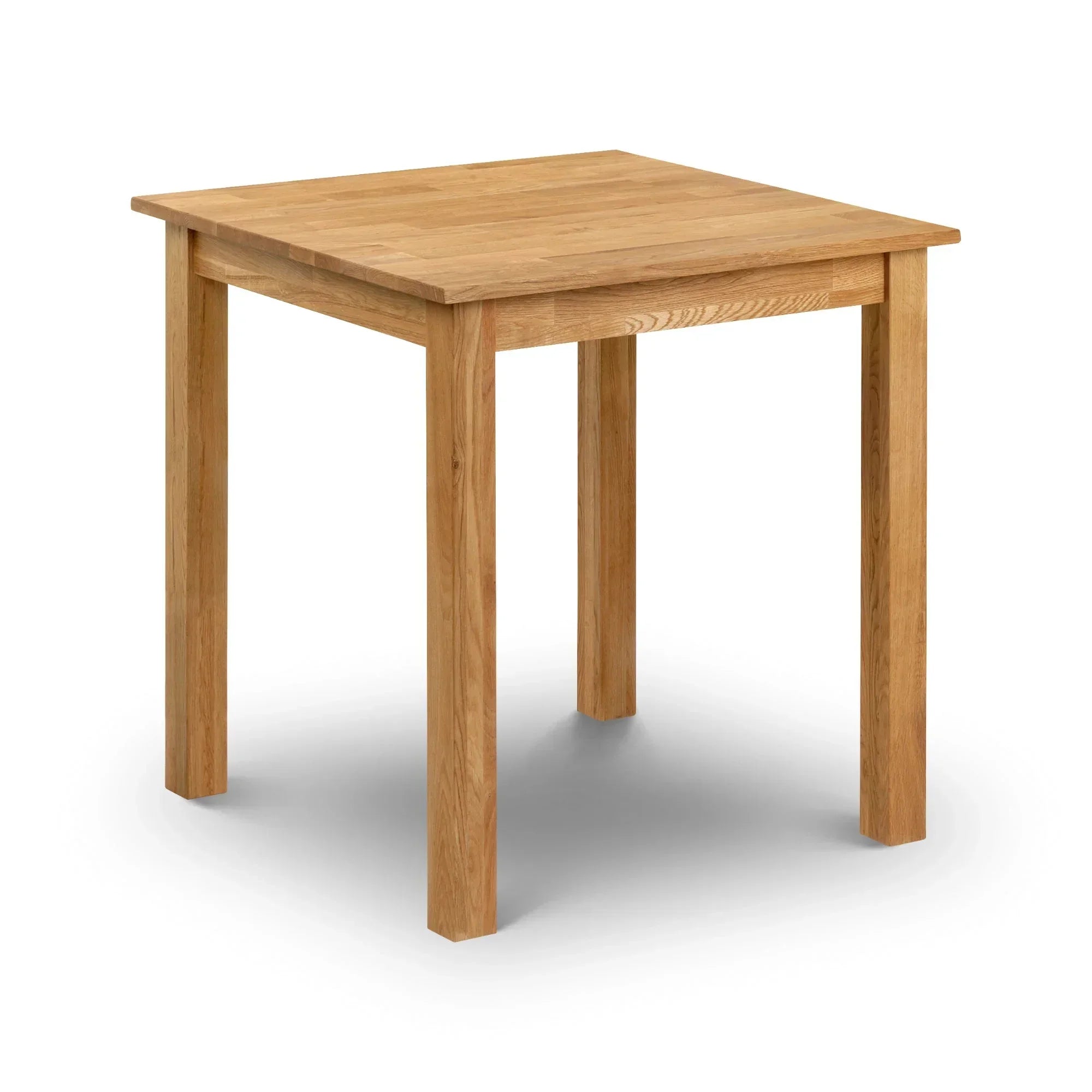 Square oak dining table with four solid legs and natural wood finish