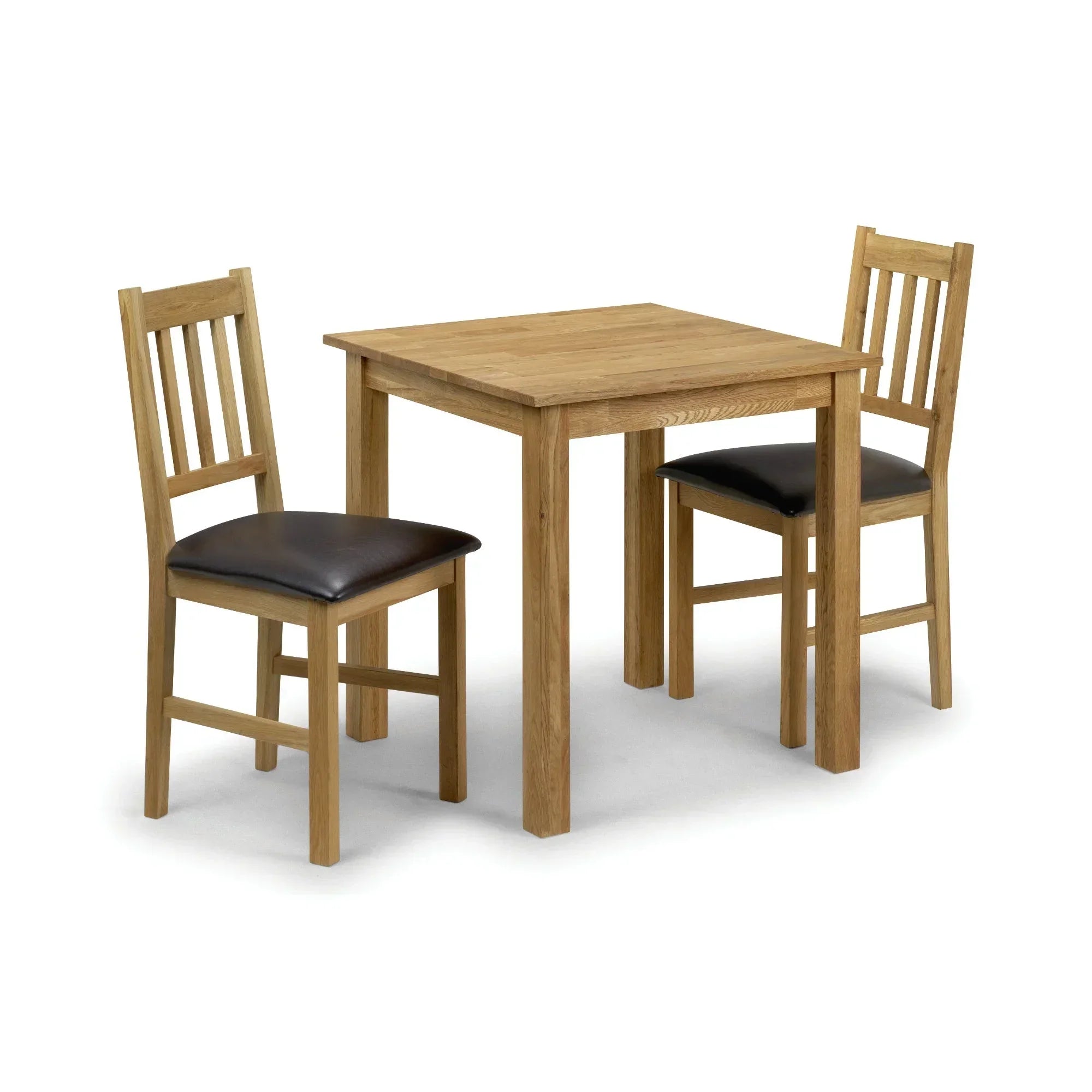 oak square dining table with two slatted back chairs and dark seat pads on white background
