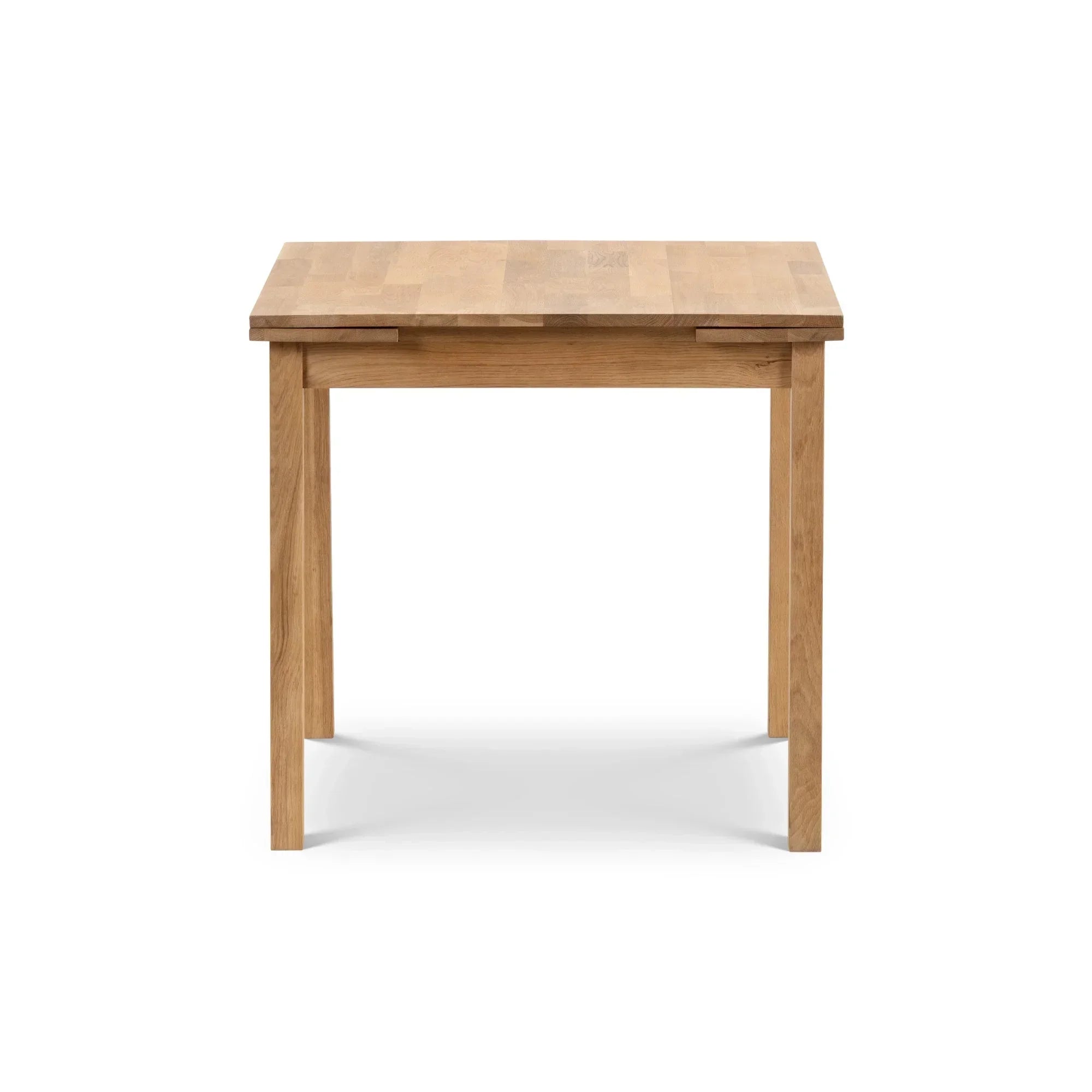 Oak extending dining table with straight legs, shown from front against white background