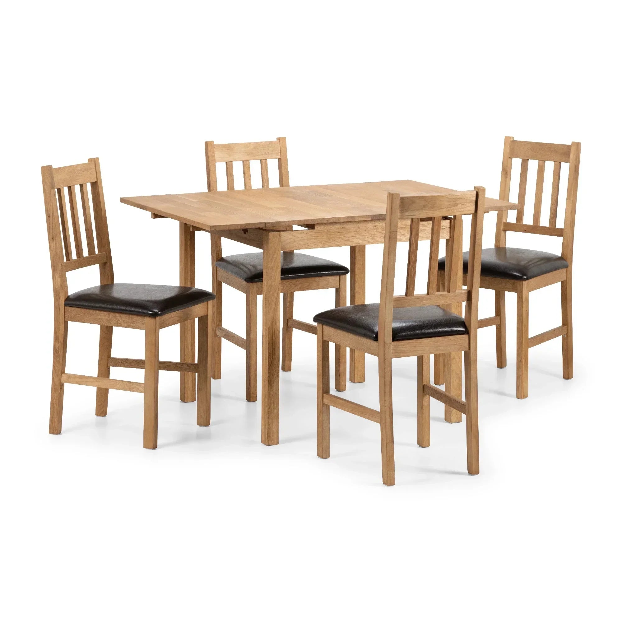 Oak extending dining table with four slatted back chairs and black seat pads on white background