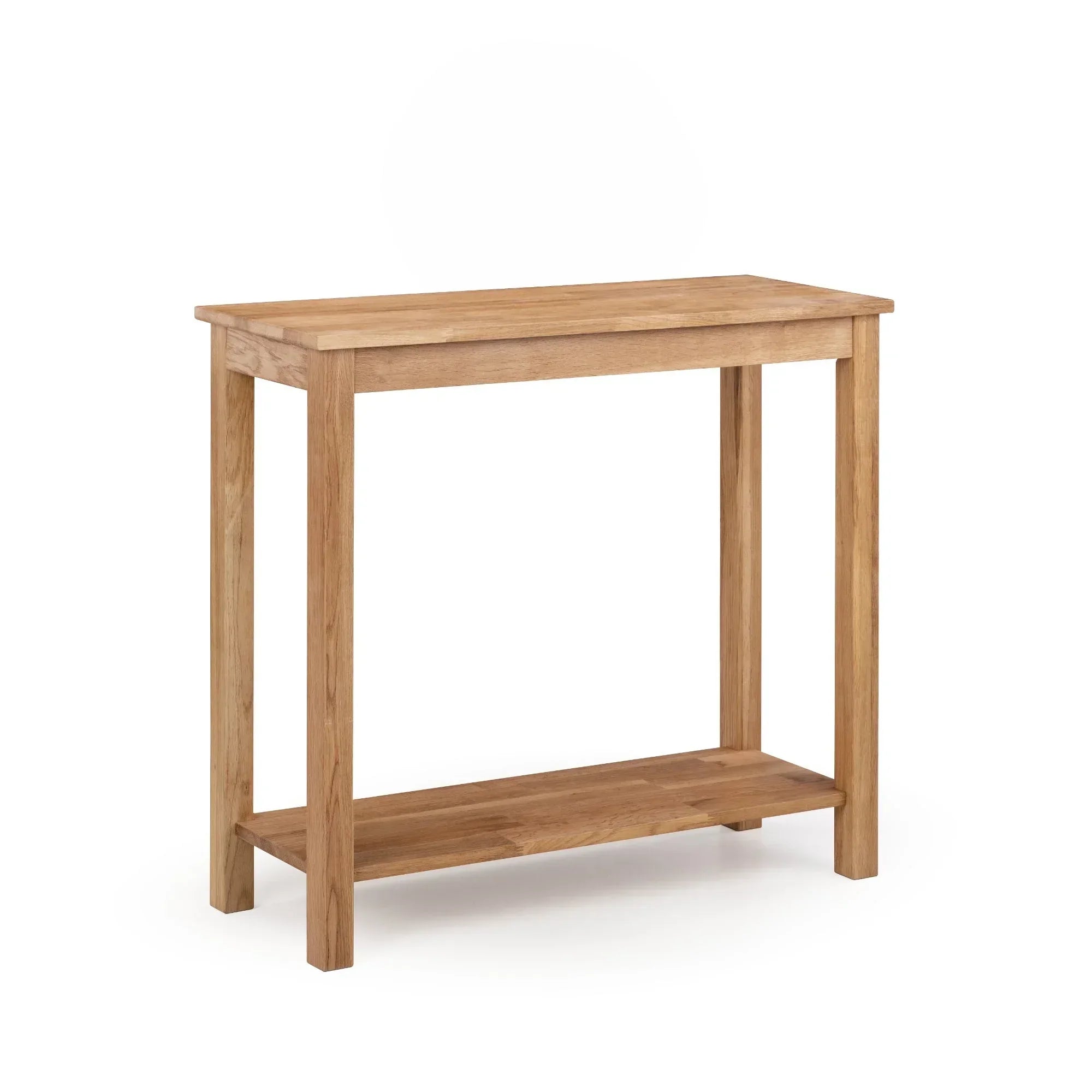 Oak console table with lower shelf, natural wood finish, front angle view