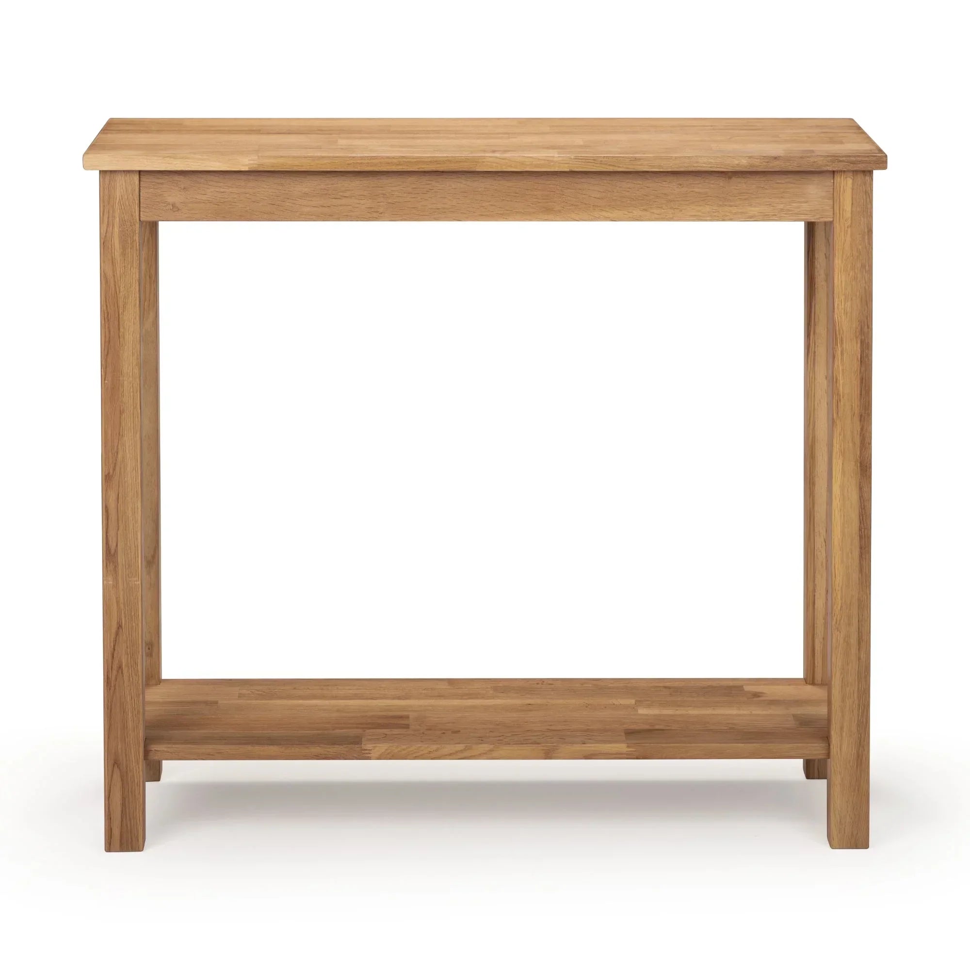 Oak console table with lower shelf, straight legs and natural wood finish, front view