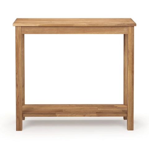 Oak console table with lower shelf, straight legs and natural wood finish, front view