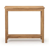 Oak console table with lower shelf, straight legs and natural wood finish, front view