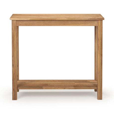 Oak console table with lower shelf, straight legs and natural wood finish, front view