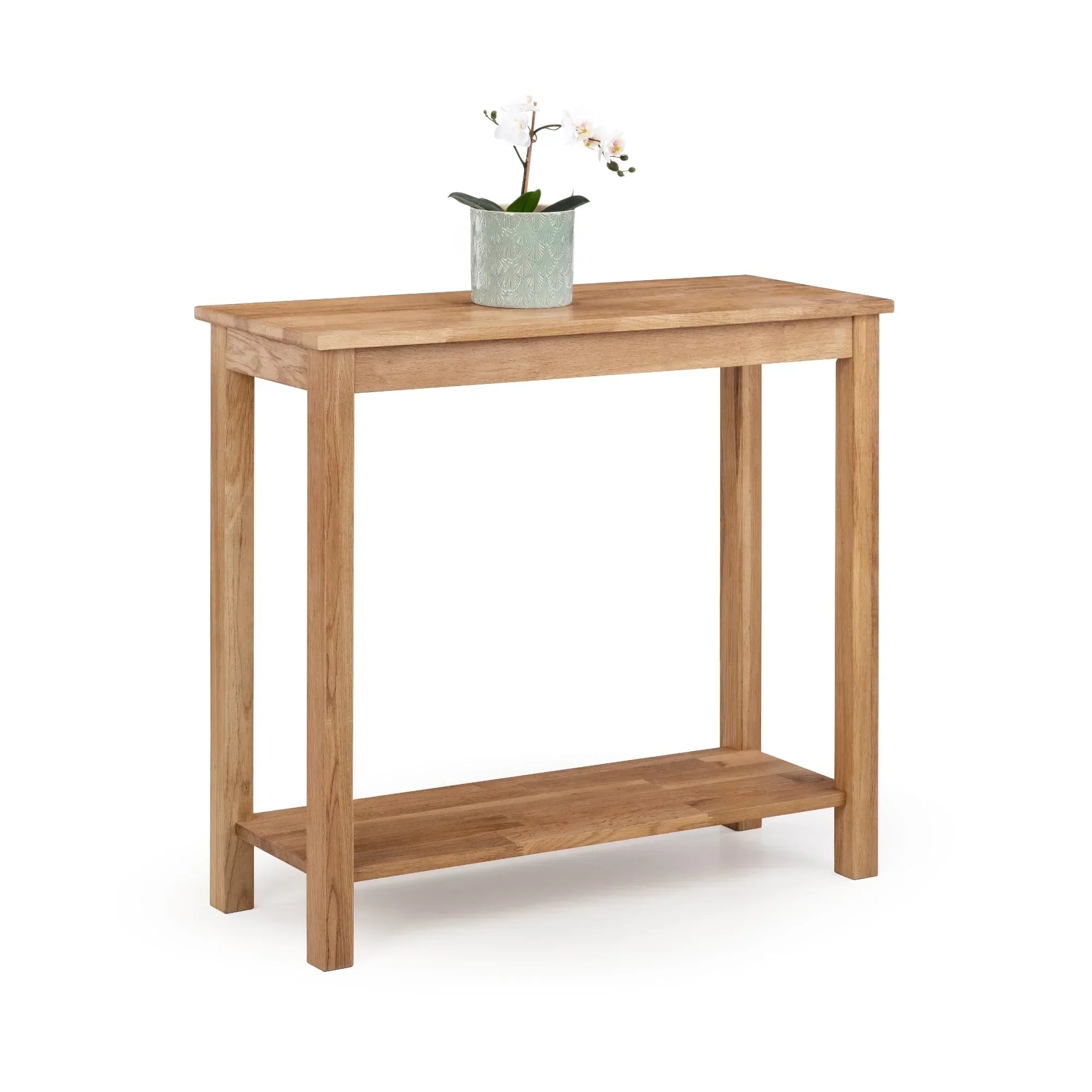 Oak console table with lower shelf and potted plant on top, shown on white background