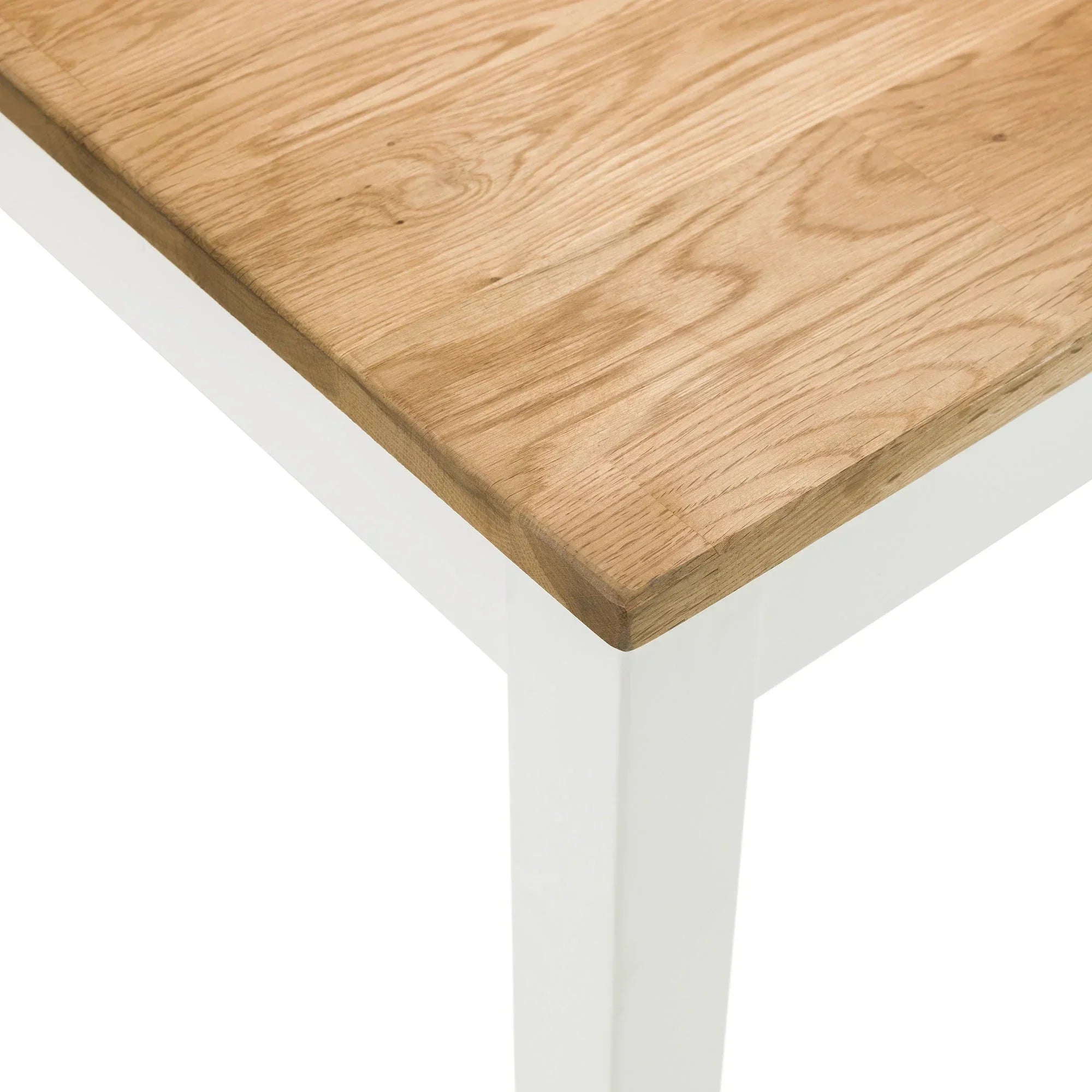 Closeup of rectangular dining table with oak top and ivory painted legs