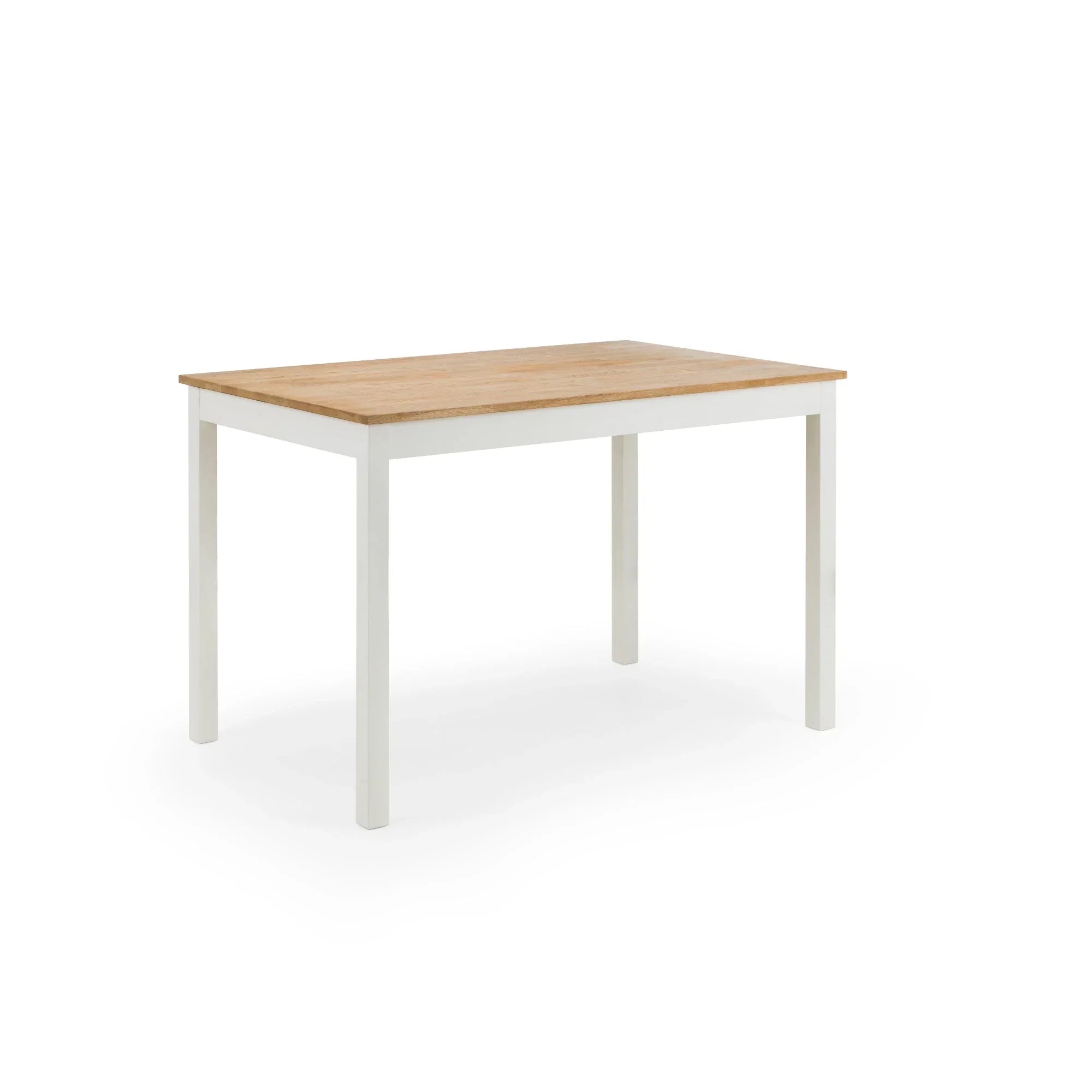 Rectangular dining table with ivory legs and oak top on white background
