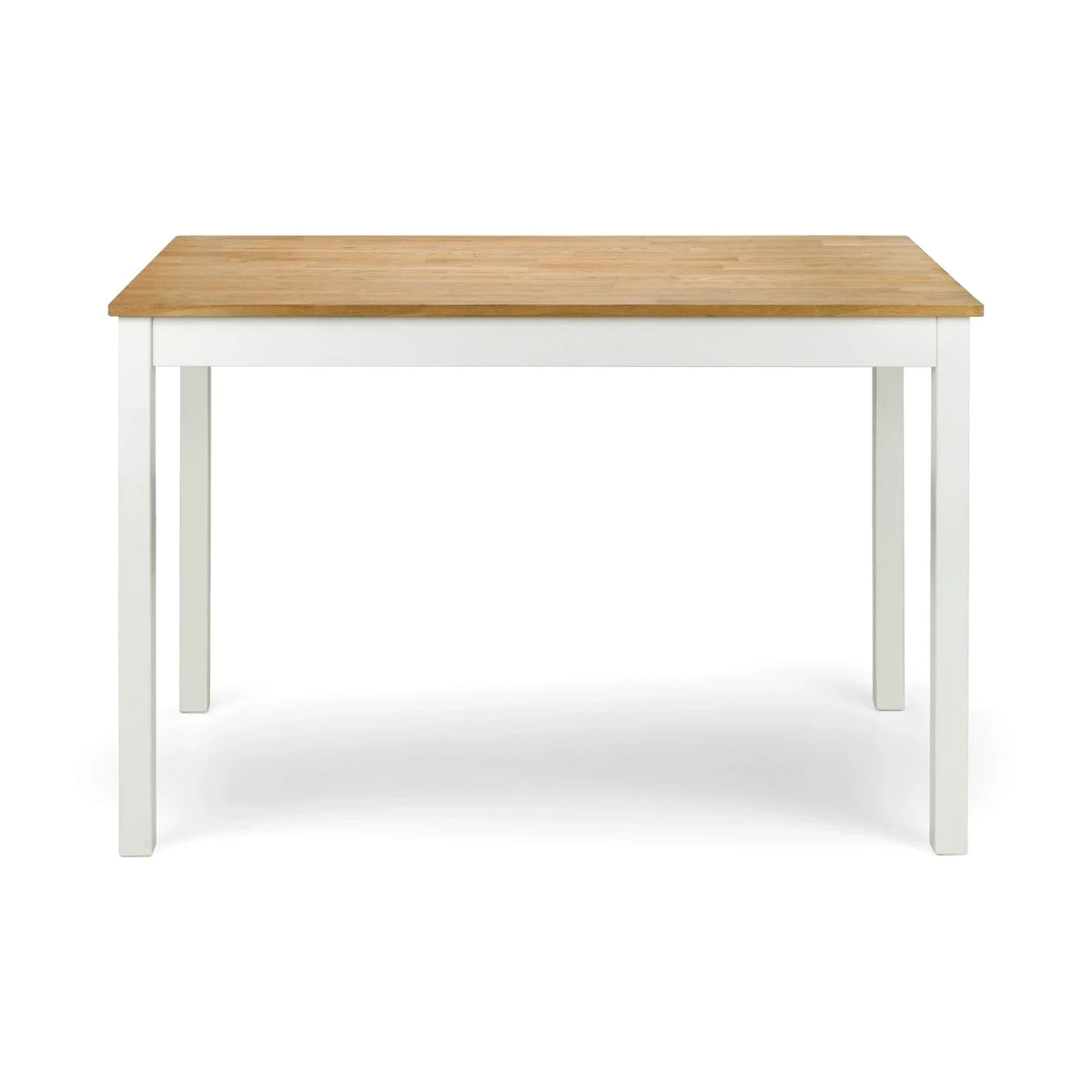 rectangular dining table with ivory legs and oak top on white background