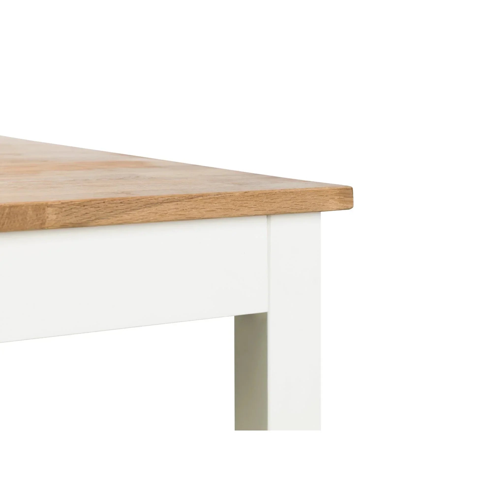 Ivory oak dining table corner with wood grain top and painted white legs