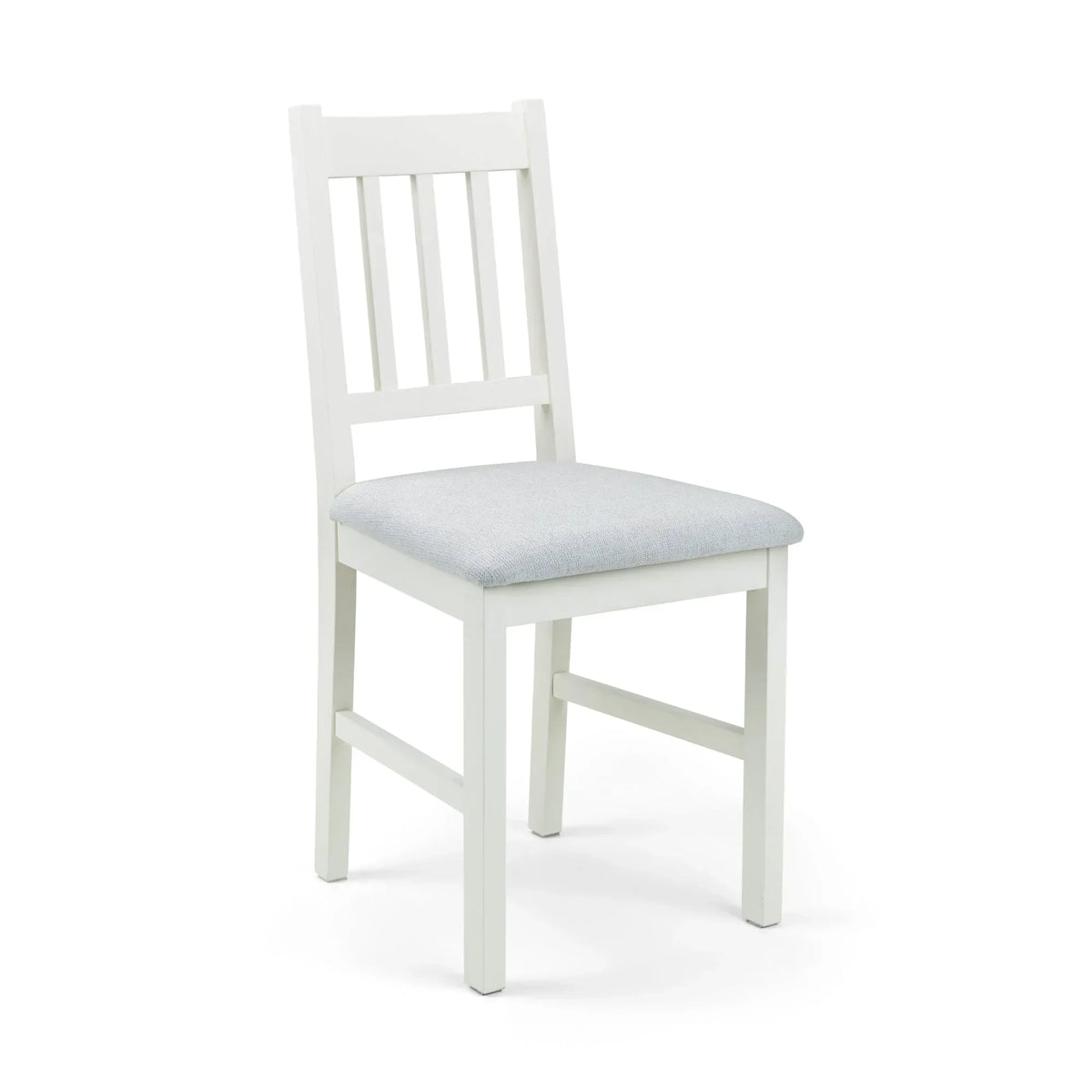 Ivory dining chair with fabric seat and slatted backrest on white background