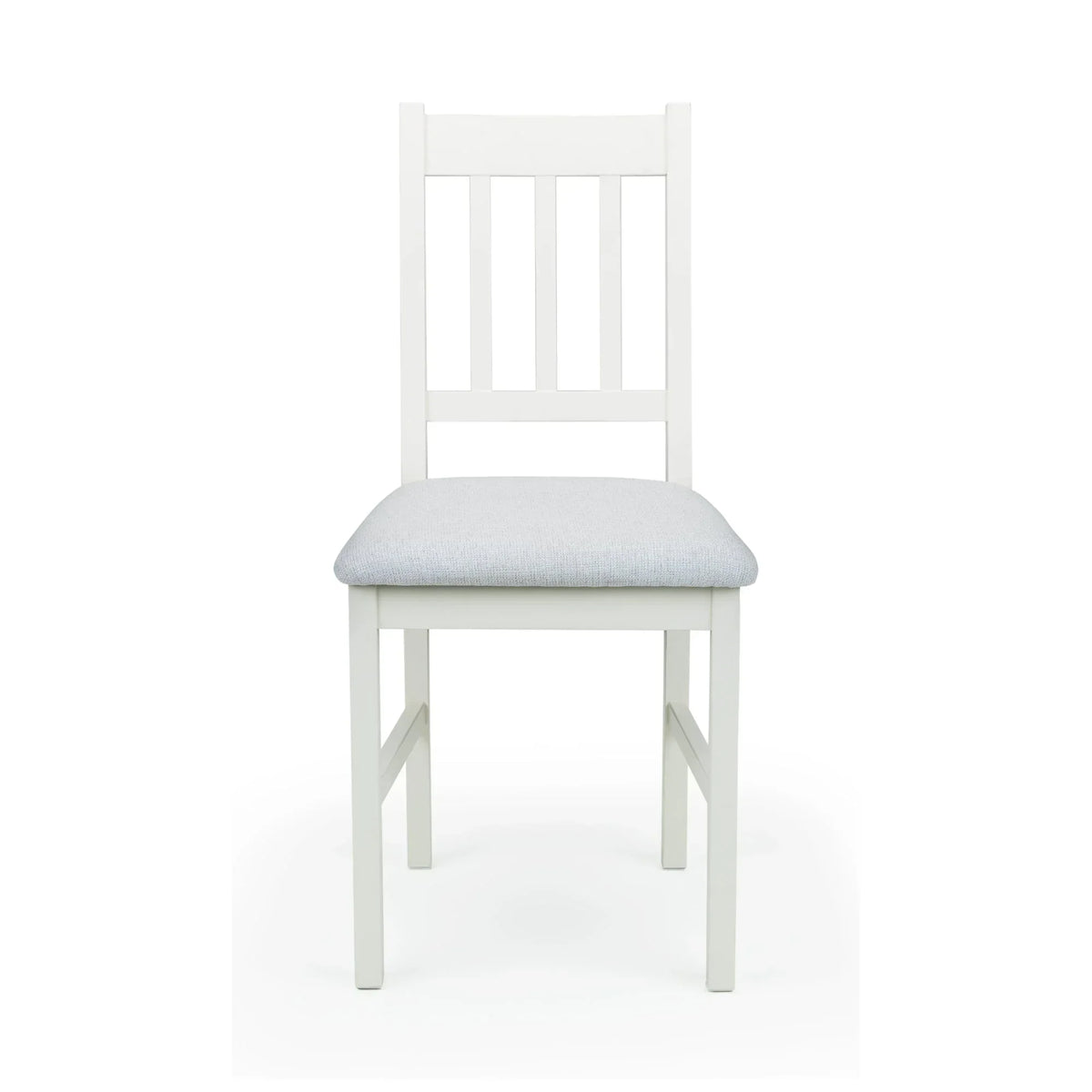 Ivory dining chair with cushioned seat and slatted backrest, front view on white background