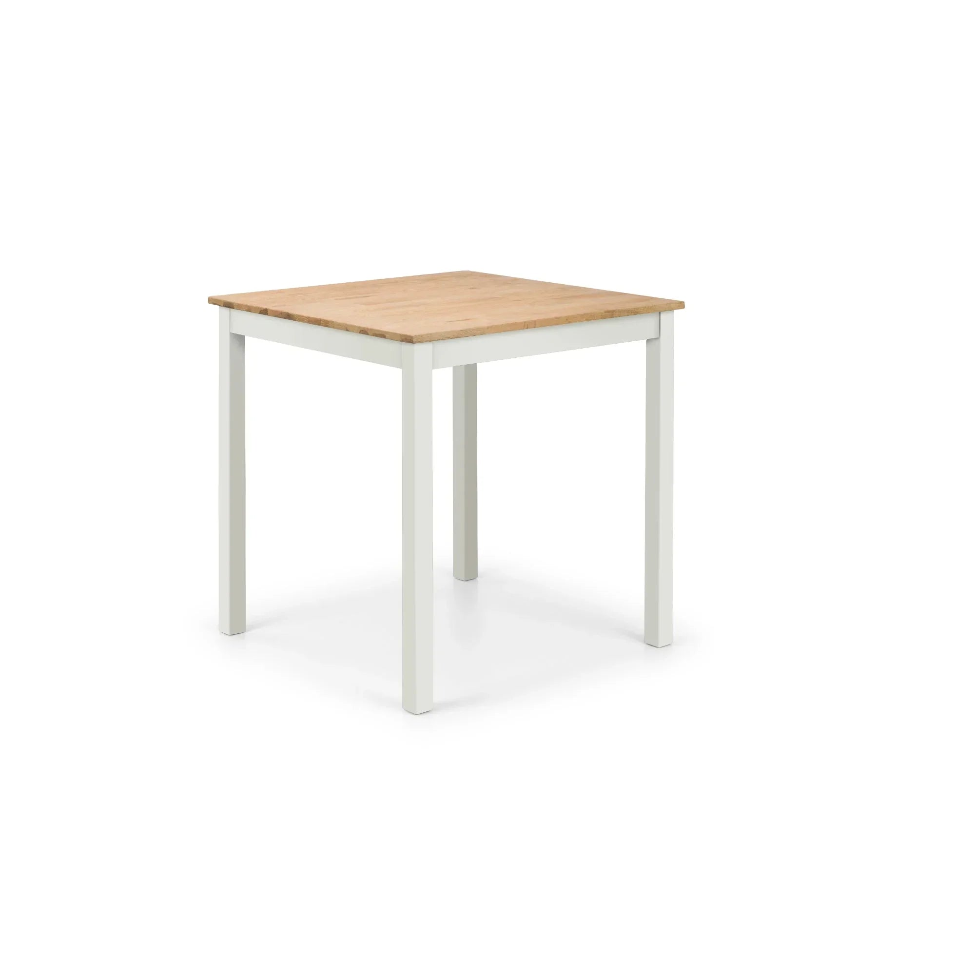 Square dining table with oak top and ivory painted legs on white background