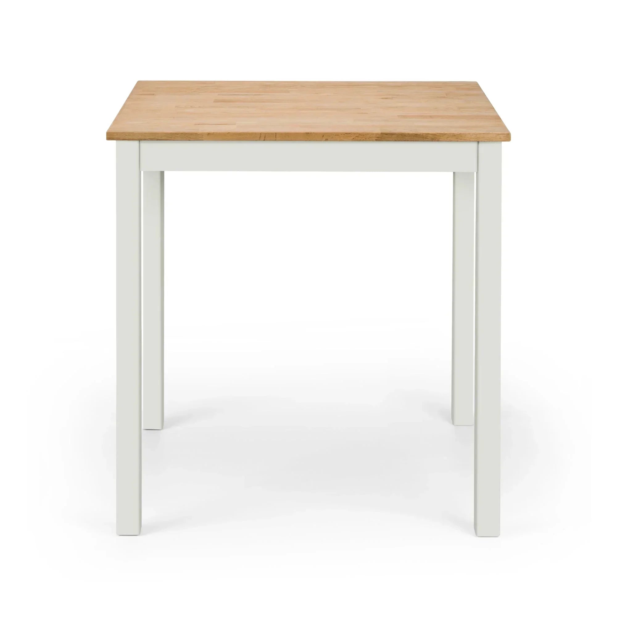 Square dining table with ivory legs and light oak wood top, front view