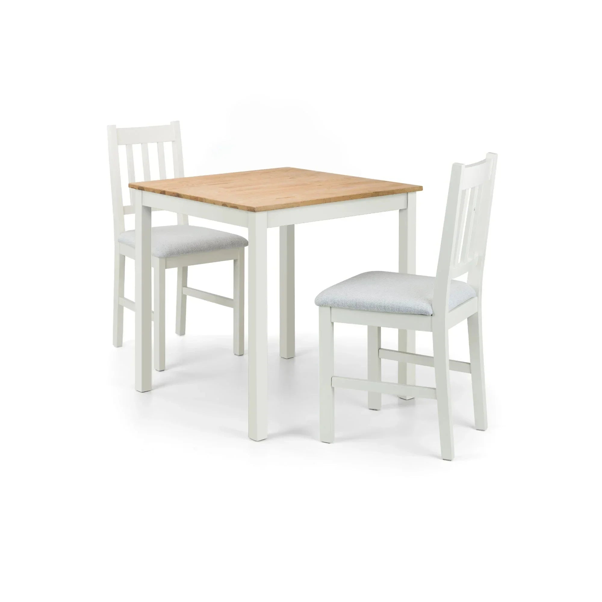 Square ivory oak dining table with two white cushioned chairs on white background