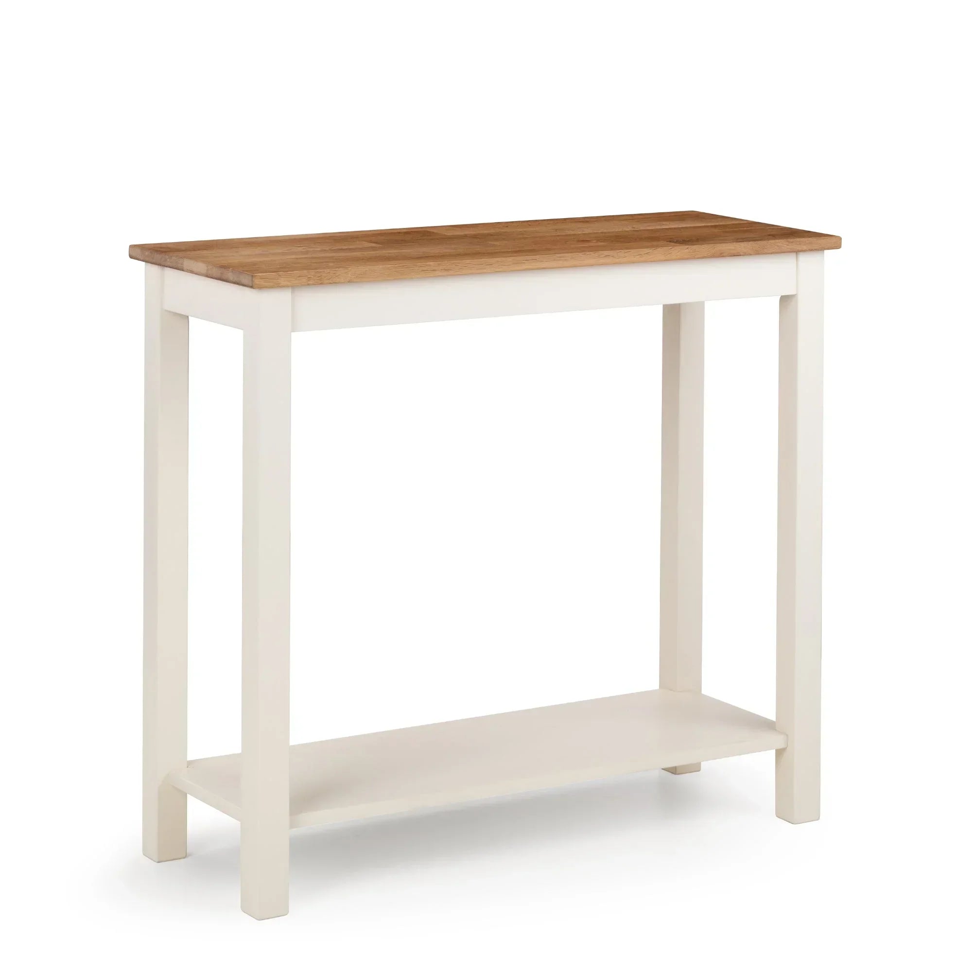 Ivory and oak console table with rectangular top and lower shelf on white background