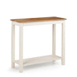 Ivory and oak console table with rectangular top and lower shelf on white background