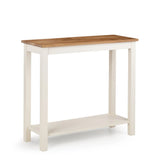 Ivory and oak console table with rectangular top and lower shelf on white background