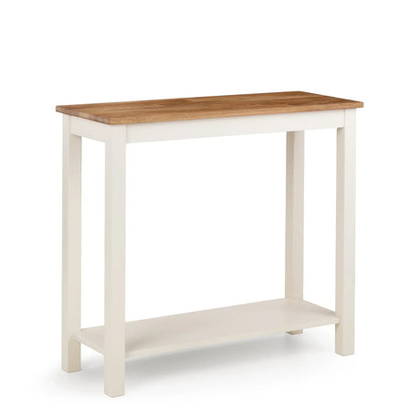 Ivory and oak console table with rectangular top and lower shelf on white background
