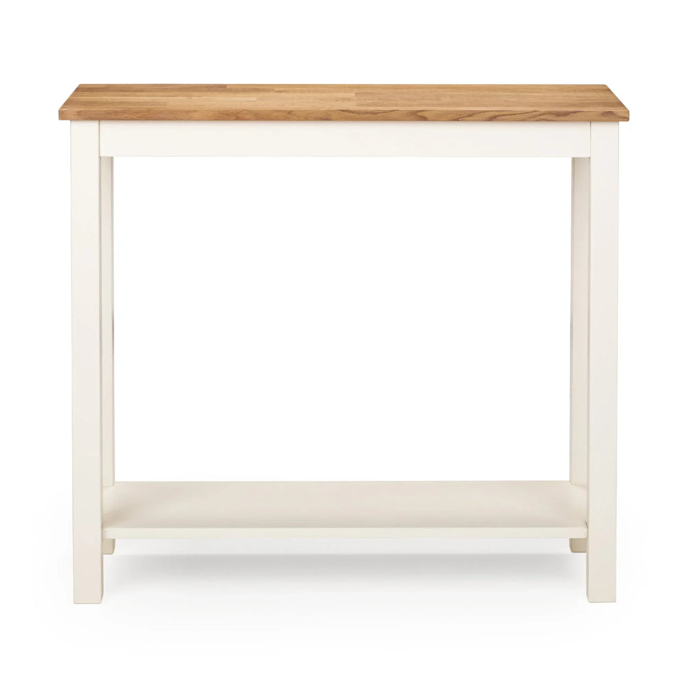 Ivory and oak console table with lower shelf, front view on white background