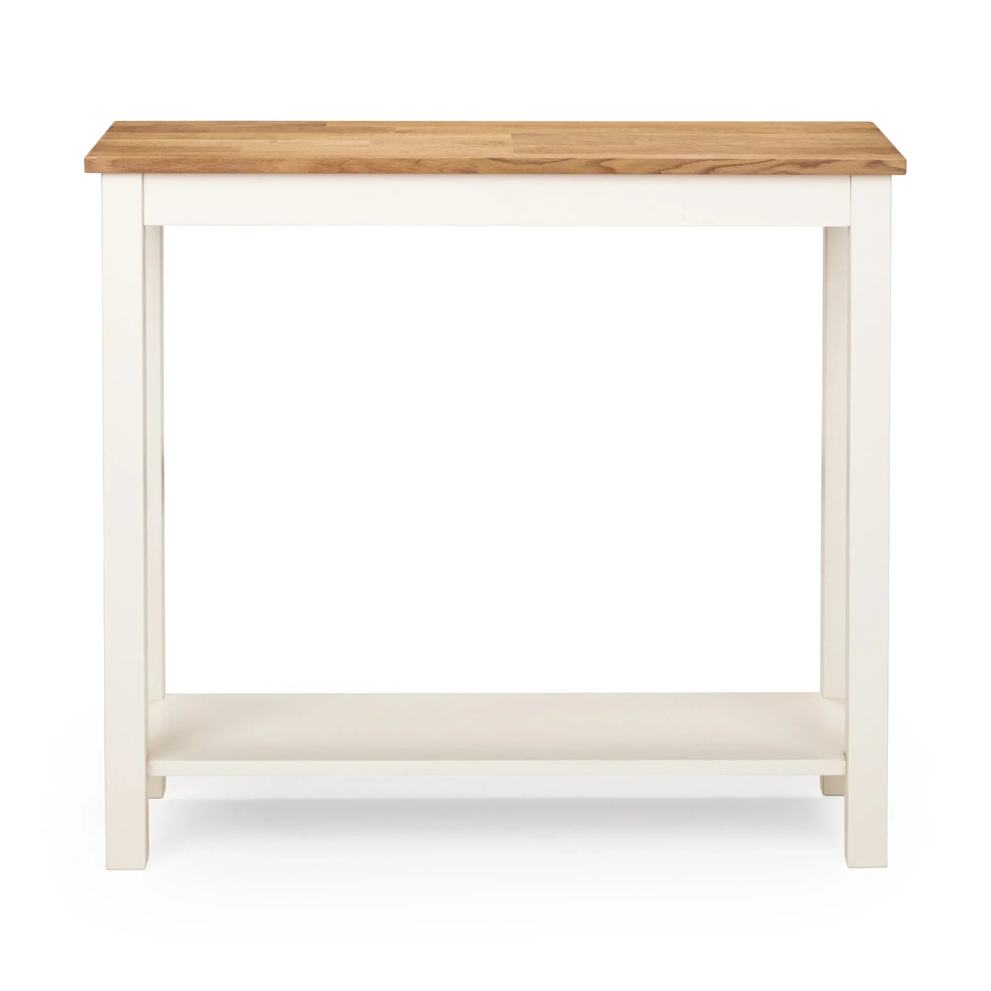 Ivory and oak console table with lower shelf, front view on white background